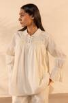 Buy_OurDve_Beige Cotton Embroidery Collared, Button-down Neck Zesty Smocked Top _at_Aza_Fashions