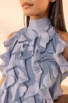 OurDve_Blue Cotton Ruffles, Beads Halter , High Sunny Side Cascading Dress _at_Aza_Fashions