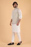 Buy_Millionaire_Off White Linen, Dupion Embroidery Koti And Pyjama Set _Online_at_Aza_Fashions