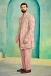 Millionaire_Pink Chanderi Silk Embroidery Bandhgala Kurta Set _Online_at_Aza_Fashions
