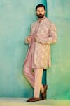 Millionaire_Pink Chanderi Silk Embroidery Bandhgala Kurta Set _at_Aza_Fashions