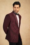 Millionaire Maroon Viscose, Polyester Applique Embroidered Suit Trouser Set at Aza Fashions Millionaire_Maroon Viscose, Polyester Applique Embroidered Suit Trouser Set _at_Aza_Fashions