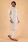 Millionaire_Cream Silk Embroidery, Beads Thread Sherwani Set _Online_at_Aza_Fashions