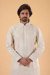 Shop_Millionaire_Cream Silk Embroidery, Beads Thread Sherwani Set _Online_at_Aza_Fashions