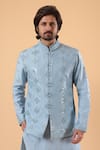 Buy_Millionaire_Sky Blue Silk Embroidery, Mirrors Work Koti And Kurta Set _Online_at_Aza_Fashions