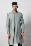 Shop_Millionaire_Green Tussar Embroidery, Metallic Thread Sherwani Kurta Set _Online_at_Aza_Fashions