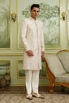 Buy_Millionaire_Cream Silk, Satin, Modal Embroidery Floral Sherwani Set _Online_at_Aza_Fashions