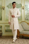 Shop_Millionaire_Cream Silk, Satin, Modal Embroidery Floral Sherwani Set _Online_at_Aza_Fashions