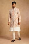 Buy_Millionaire_Orange Silk Zari, Pearls, Embroidery Floral Sherwani Set _Online_at_Aza_Fashions