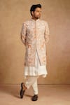 Millionaire_Orange Silk Zari, Pearls, Embroidery Floral Sherwani Set _at_Aza_Fashions