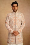 Shop_Millionaire_Orange Silk Zari, Pearls, Embroidery Floral Sherwani Set 