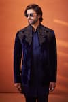Shop_Millionaire_Navy Velvet Embroidery, Beads Bandhgala Jacket Set _Online_at_Aza_Fashions