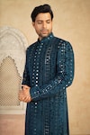 Buy_Millionaire_Blue Velvet, Shantoon Mirrors, Embroidery Lucknowi Work Sherwani Set _Online_at_Aza_Fashions
