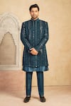 Buy_Millionaire_Blue Velvet, Shantoon Mirrors, Embroidery Lucknowi Work Sherwani Set _at_Aza_Fashions