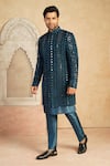 Shop_Millionaire_Blue Velvet, Shantoon Mirrors, Embroidery Lucknowi Work Sherwani Set _Online_at_Aza_Fashions