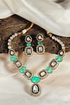 Shop_Prestones_Green Stones, Beads Polki Mint Panna Necklace And Earring Set _at_Aza_Fashions