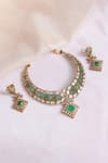 Shop_Prestones_Green Stones, Crystals, Rajwada Kundan Zircon Necklace And Earrings _at_Aza_Fashions
