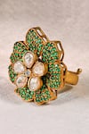 Shop_Prestones_Gold Plated Gemstones, Beads Floral Polki And Green Adjustable Ring _at_Aza_Fashions