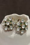 Shop Prestones Gold Plated Stones, Crystals, Uncut Polki And Emerald Teardrop Stud Earrings at Aza Fashions Shop_Prestones_Gold Plated Stones, Crystals, Uncut Polki And Emerald Teardrop Stud Earrings _at_Aza_Fashions