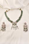 Shop_Prestones_Green Gemstones, Stones, Faux Emerald Zircon Cluster Necklace And Earring Set _at_Aza_Fashions