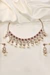 Shop_Prestones_Red Beads, Pearls, Stones Ruby Polki Zircon Necklace And Earring Set _at_Aza_Fashions