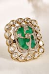 Shop_Prestones_Gold Plated Gemstones, Stones, Faux Diamonds, Emerald Polki Petal Border Ring _at_Aza_Fashions