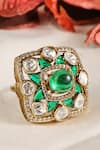 Shop Prestones Green Stones, Crystals Dome Emerald Polki Zircon Square Frame Ring at Aza Fashions Shop_Prestones_Green Stones, Crystals Dome Emerald Polki Zircon Square Frame Ring _at_Aza_Fashions