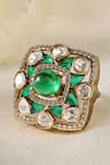 Buy Prestones Green Stones, Crystals Dome Emerald Polki Zircon Square Frame Ring at Aza Fashions Buy_Prestones_Green Stones, Crystals Dome Emerald Polki Zircon Square Frame Ring _at_Aza_Fashions