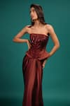 Buy_Style Junkiie_Brown Satin, Polyester Sequins, Beads, Mirrors Bandeau Neck Garnet Work Corset _at_Aza_Fashions