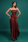 Style Junkiie_Brown Satin, Polyester Sequins, Beads, Mirrors Bandeau Neck Garnet Work Corset _Online_at_Aza_Fashions