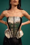 Style Junkiie_Gold Satin, Polyester Foil Printing Bandeau Neck Ebony Metal Corset _Online_at_Aza_Fashions