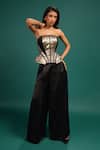 Buy_Style Junkiie_Gold Satin, Polyester Foil Printing Bandeau Neck Ebony Metal Corset _Online_at_Aza_Fashions