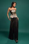 Shop_Style Junkiie_Gold Satin, Polyester Foil Printing Bandeau Neck Ebony Metal Corset _Online_at_Aza_Fashions