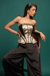 Style Junkiie_Gold Satin, Polyester Foil Printing Bandeau Neck Ebony Metal Corset _at_Aza_Fashions