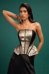 Buy_Style Junkiie_Gold Satin, Polyester Foil Printing Bandeau Neck Ebony Metal Corset _at_Aza_Fashions