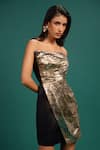 Shop_Style Junkiie_Gold Polyester, Satin Foil Printing Asymmetric Ebony Metal Corset Dress _Online_at_Aza_Fashions
