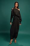 Buy_Style Junkiie_Black Georgette Embroidery, Foil Printing Boat Neck, Ebony Spotted Wrap Dress _at_Aza_Fashions