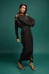 Buy_Style Junkiie_Black Georgette Embroidery, Foil Printing Boat Neck, Ebony Spotted Wrap Dress _Online_at_Aza_Fashions