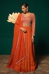 Buy_Niloufer By Aasif Ally_Orange Chinon, Tissue Sequins, Stones, Beads V-neck Hand Work Blouse Lehenga Set _at_Aza_Fashions