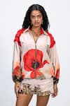 Shop_The Dramebaaz CO_Off White Georgette Sequins Collared, Vanilla Vogue Poppy Print Bomber Jacket _at_Aza_Fashions
