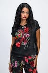 Buy_The Dramebaaz CO_Black Organza Fabric Flowers, Beads, Sequins, Embroidery Round Eden Sheer Top _at_Aza_Fashions