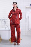 Buy_The Dramebaaz CO_Red Corduroy Stones, Beads Collared, V-neck Ferox Shirt And Pant Co-ord Set _at_Aza_Fashions