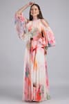 Mandira Wirk_Pink Chiffon Fabric Flowers, Foil Floral Maze Cold Shoulder Printed Dress _at_Aza_Fashions