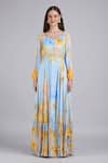 Mandira Wirk_Blue Chiffon Embroidery, Sequins, Fabric Flowers Flora Fairy Bloom Print Dress _Online_at_Aza_Fashions