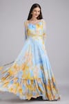 Buy_Mandira Wirk_Blue Chiffon Embroidery, Sequins, Fabric Flowers Flora Fairy Bloom Print Dress _Online_at_Aza_Fashions