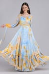 Buy_Mandira Wirk_Blue Chiffon Embroidery, Sequins, Fabric Flowers Flora Fairy Bloom Print Dress _at_Aza_Fashions