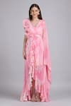 Mandira Wirk_Pink Chiffon Fabric Flowers, Cotton Cloud Self Texture Printed Corsage Dress _Online_at_Aza_Fashions