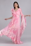 Shop_Mandira Wirk_Pink Chiffon Fabric Flowers, Cotton Cloud Self Texture Printed Corsage Dress _Online_at_Aza_Fashions