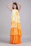 Mandira Wirk_Yellow Chiffon Beads, Sequins Halter Neck, Ombre Herbs Flora Haze Layered Dress _Online_at_Aza_Fashions