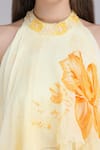 Mandira Wirk_Yellow Chiffon Beads, Sequins Halter Neck, Ombre Herbs Flora Haze Layered Dress _at_Aza_Fashions